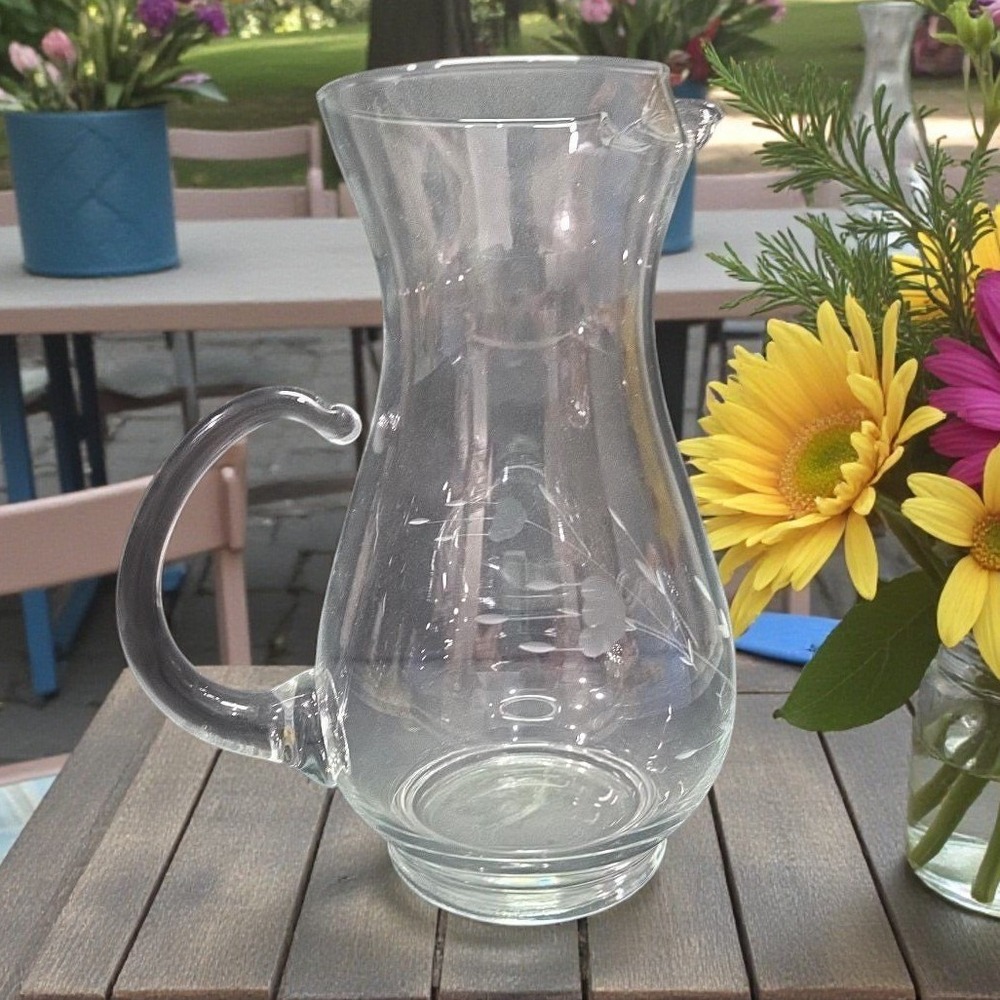 Princess House Heritage Crystal Pitcher, Vtg Floral Etched Glass, Beverage Jug